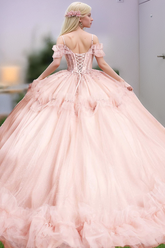 Off-Shoulder Ball Gown with Sequins & Beaded Appliques Tiered Pink Tulle Quinceanera Dress for Sweet 16 & Birthday Parties